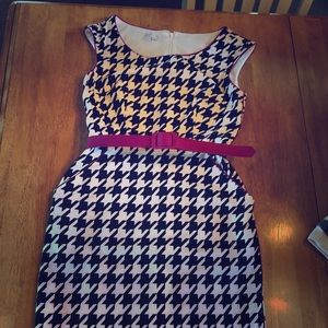 Church black white knee length dress hot pink belt